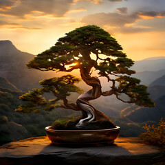 bonsai, upright, informal, juniper, China, Chinese, Japan, Japanese, pine, branches, regal, royal, mountain, forest, sunset, clouds, view, green, summer, sky, nature, tree, landscape