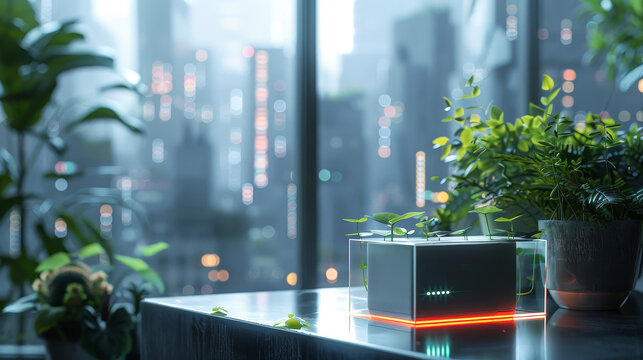 A small plant is sitting on a table next to a window in a city
