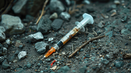 a used dirty syringe lying on the ground posing a danger of being injured and infected by it, the problem of drug addiction and unclean streets