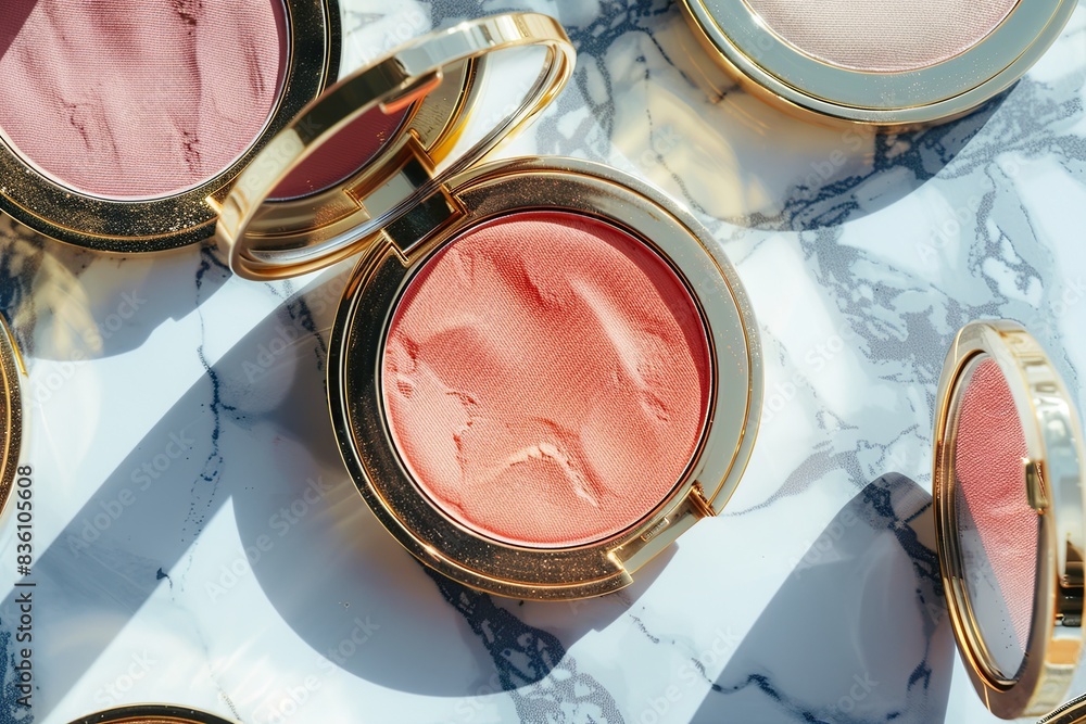Poster compact cases of powder and blush in rich colors, displayed elegantly on a marble surface. generativ