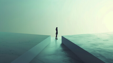 a small female silhouette against the background of large minimalist lines that form slabs between which she cannot choose, symbolizing the difficulty and importance of decisions 
