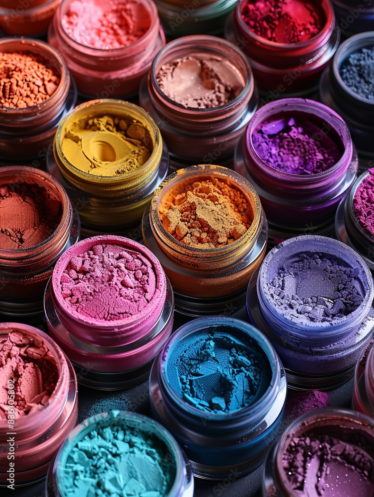 Poster close-up of an assortment of colorful makeup pigments and powders in small jars. generative ai