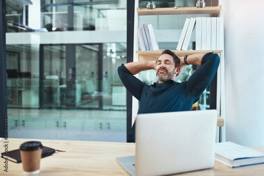 Poster businessman, laptop and office with eyes closed for relax with sleepy, tired and hard work in compan