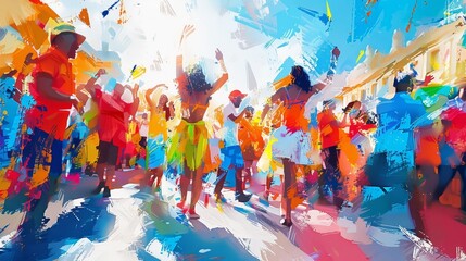 Independent Day Liberty Parade, marching groups, lively band performances, energetic dancers, patriotic decorations, digital painting