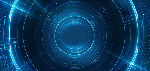 Blue technology background, with a blue gradient and light speed lines and curved circular shapes in the center of the screen, in a simple style. The overall color tone is a dark blue