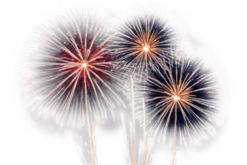 This image captures elegant bursts of fireworks with cool blue and white tones, set against a transparent, white background, in png format