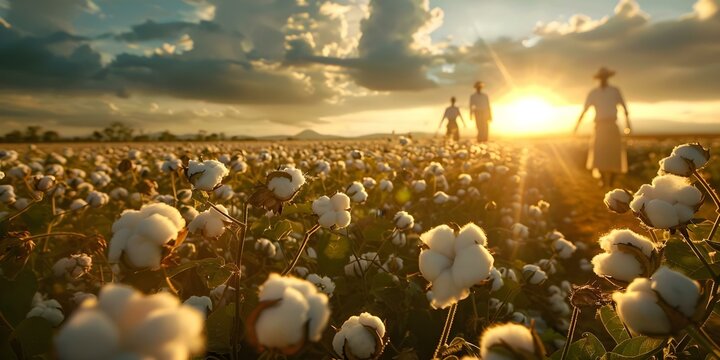 Cotton field workers using sustainable farming practices in compliance with Fair Trade. Concept Sustainable Agriculture, Fair Trade Practices, Cotton Field Workers, Ethical Harvesting