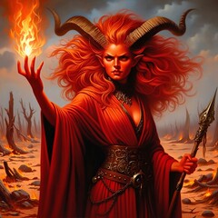 Fototapeta premium A demoness wizard conjures a fire spell in a desert. She stands confidently with a pair of horns. Flames dance effortlessly from her hand. Sorceress. Witch. Demon. Devil. Generative AI