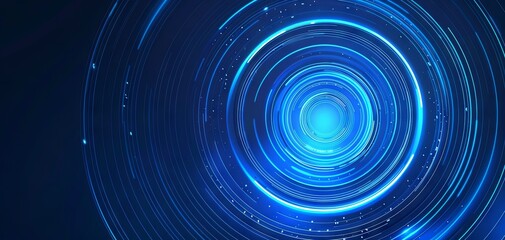 Obraz premium Blue technology background, with a blue gradient and light speed lines and curved circular shapes in the center of the screen, in a simple style. The overall color tone is a dark blue