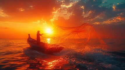 Fisherman throwing fishing net during sunrise in Pak Pra, Phatthalung, Thailand 