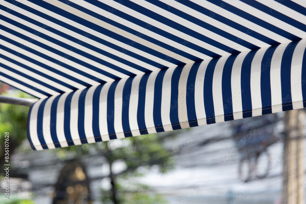 Wall mural a blue and white striped awning is hanging over a tree