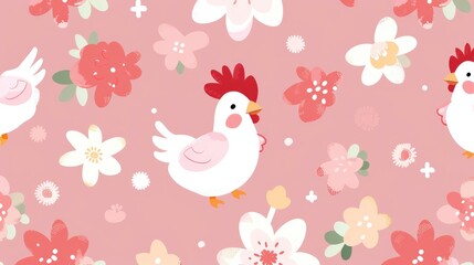 Fototapeta premium a pattern of cute cartoon chickens, square-box bearing fairies, enchanted animation style, vibrant anime illustrations