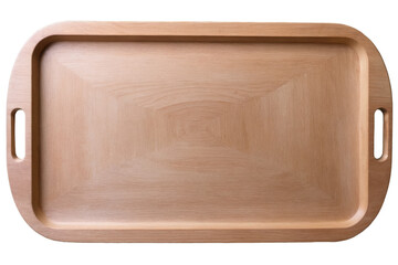 A simple wooden serving tray with smooth finish and handles isolated on a white background as a png for easy compositing