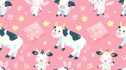  a pattern of cute cartoon cows, square-box bearing fairies, fantastical anime aesthetics, whimsical anime characters