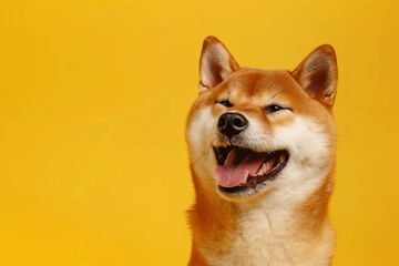 Happy smiling shiba inu dog isolated on yellow orange background with copy space. Red-haired Japanese dog smile portrait