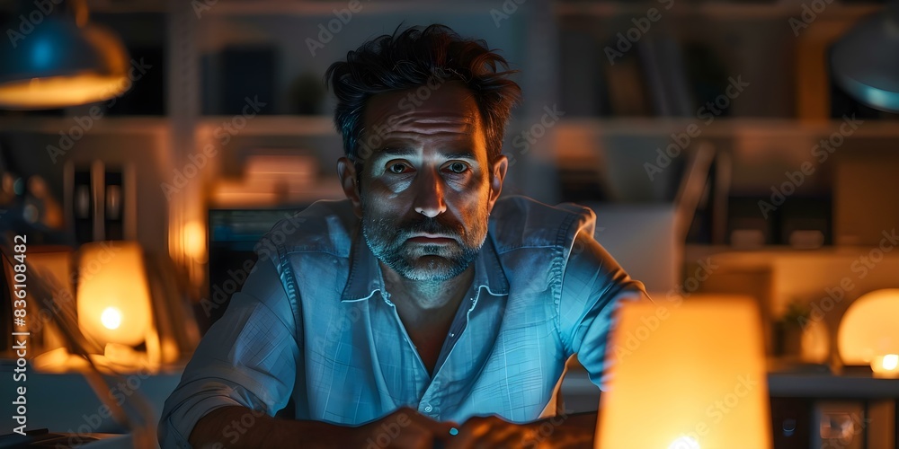 Poster serious man working on computer in dimly lit office showing concentration. concept - technology.- wo