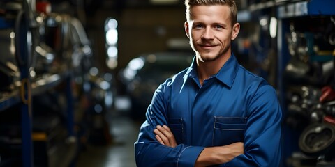 Confident mechanic in blue uniform standing in auto repair shop. Concept Automotive, Mechanic, Confidence, Workshop, Blue Uniform