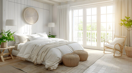 Coastal Bedroom with White Oak Floors and Large Bed