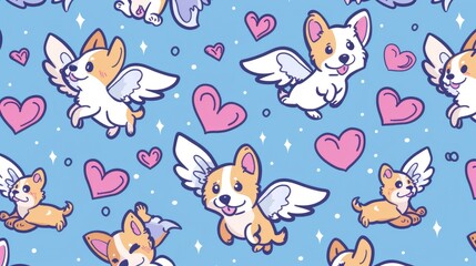  a pattern of cute cartoon dogs, winged hearts in flight, enchanted anime creations, anime characters for kids