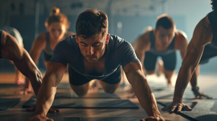 Teamwork, push-ups, gym workouts, attention, and health. People in sportswear who are fit, robust, or have exercise endurance