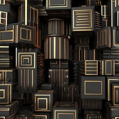Realistic wall of cubes. black and gold square pattern background grunge surface. Black color...