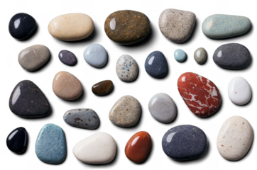 Collection of various pebble stones in multiple colors, textured surface, isolated on a transparent, white background, png