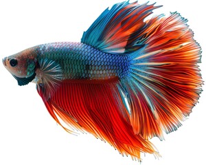Fototapeta premium Betta fish with flowing fins, dramatic red and blue colors isolated on white, perfect for exotic pet advertisements and art projects