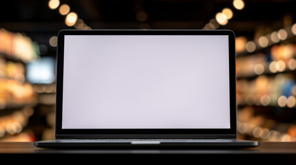 A laptop rests on a wooden table, its screen a blank canvas against a backdrop of blurred lights and shelves, creating a sense of possibility and opportunity