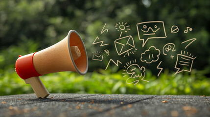 A red and brown megaphone sits on a wooden surface with a blurred background of green foliage. Hand-drawn symbols of communication such as emails, speech bubbles, and lightning bolts are floating.