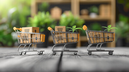 Three miniature shopping carts filled with small cardboard boxes and green plants are arranged in a row on a wooden tabletop. The scene is blurred in the background, suggesting a natural environment