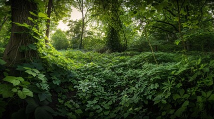 Obraz premium The forest, leaves, sunshine, and growth promote sustainability, nature, and green. Bush, woodlands, and leaves in spring for healthy, rural, or rainforest plants