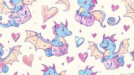  a pattern of cute cartoon dragons, heart wings and box carriers, enchanted anime designs, fun anime artwork