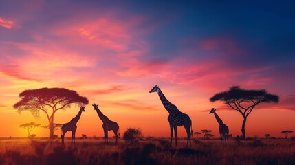 A group of giraffes grazing an acacia trees in the African savanna, with a colorful sunset