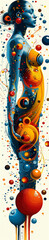 A woman is depicted in a painting with a lot of different colored spheres surrounding her. The painting is abstract and has a lot of different colors and shapes