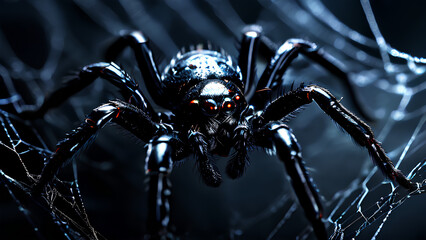 A macro photograph capturing a completely black spider on its web, seamlessly blending into the dark abyss of the background, illuminated by subtle reflections.