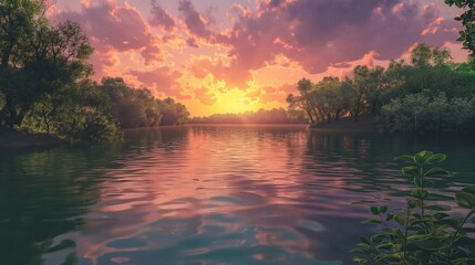  A serene lake reflecting the colors the vibrant sunset, surrounding by lush forests