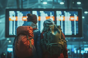 Couple, airport, reading on board, schedule, and screen for flight, plane, or adventure return. Global immigration, man, woman, and airline time, departure, or transportation lobby.