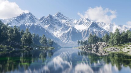 Fototapeta premium A serene mountain lake reflecting snow capped peaks under a clear sly