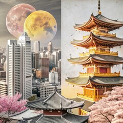 Retro grunge poster with asian cityscape, different mixed textures