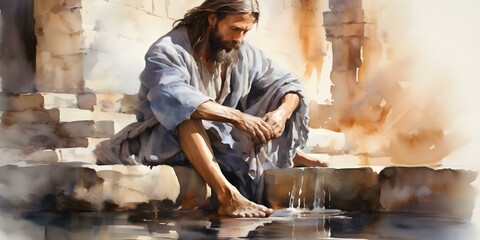 Watercolor painting of Jesus washing feet on Maundy Thursday in the Bible. Concept Painting, Watercolor, Jesus, Washing Feet, Maundy Thursday, Bible