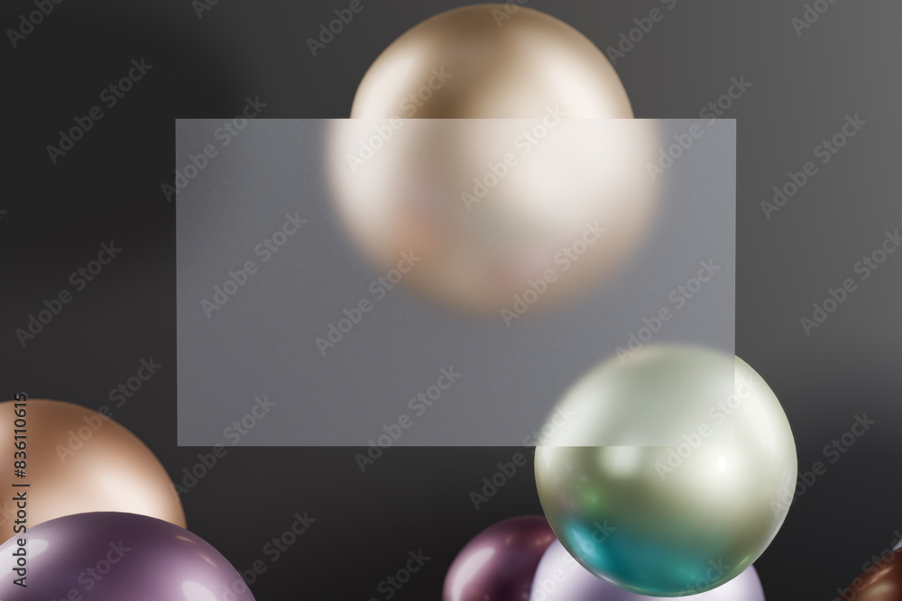 Poster colorful balloons floating against a dark background with a translucent rectangle overlay. glassmorp