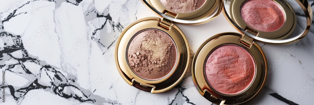 Poster a close-up of three compact cases containing blush and powder, resting on a marble surface. generati