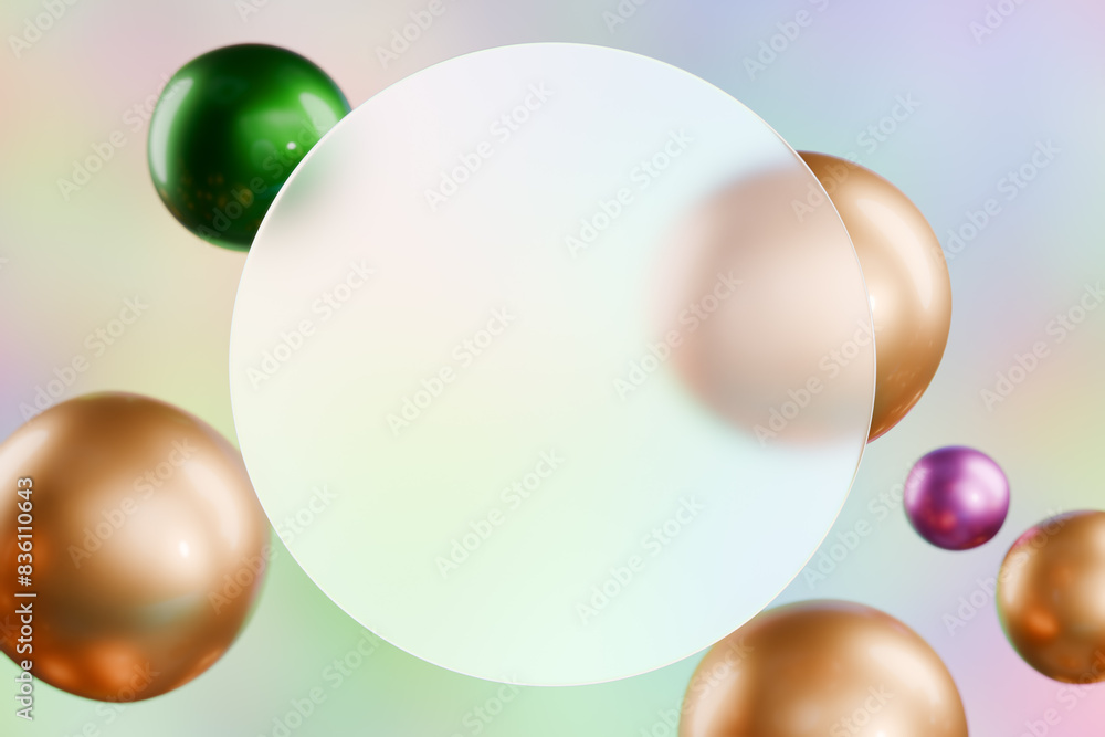 Poster colorful ball floating around a blank circular space on a pastel background.glassmorphism style.3d r