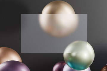 Colorful balloons floating against a dark background with a translucent rectangle overlay. Glassmorphism 3d rendering