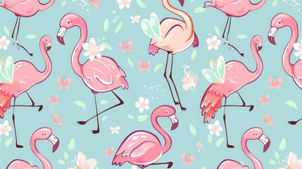  a pattern of cute cartoon flamingos, square-box bearing fairies, enchanted anime aesthetics, fun anime drawings