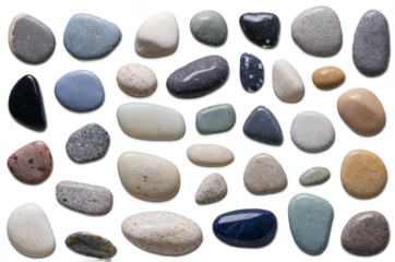 A varied collection of smooth pebbles of different shapes and sizes on a transparent, white background presented as a png