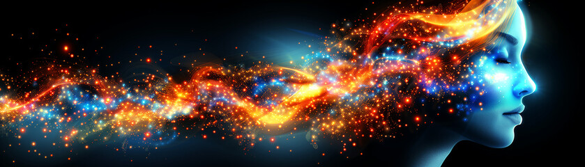A woman's face is surrounded by a stream of colorful sparks. Concept of energy and excitement, as if the woman is experiencing a burst of creativity or inspiration