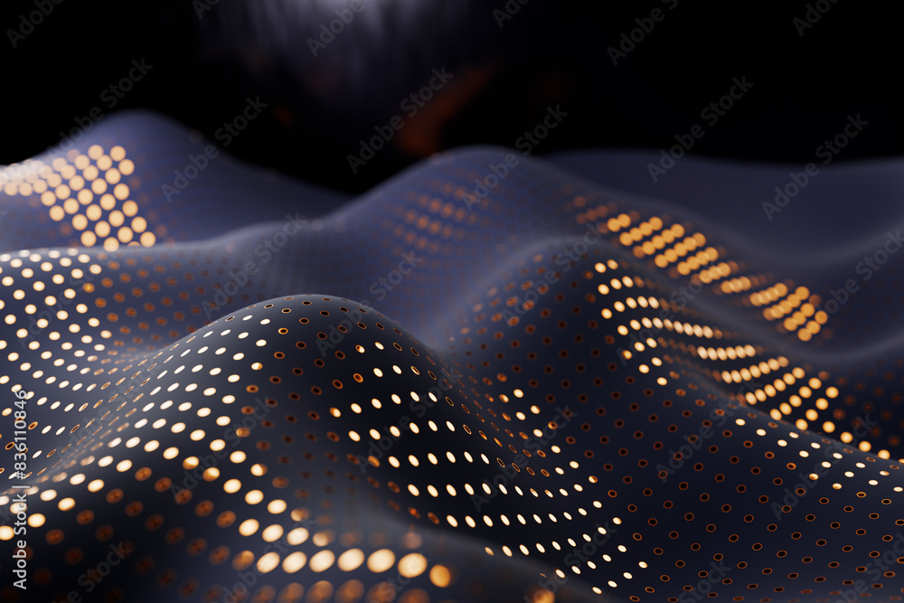 Poster abstract image of a dark, wavy surface with glowing dots creating a futuristic pattern. 3d rendering