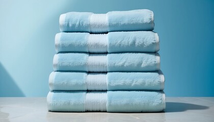 Light blue spa towels pile, bath towels lying in a stack on light blue peaceful background with copy space created with generative ai