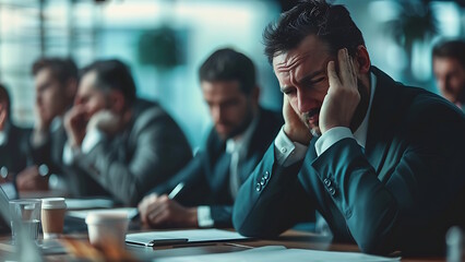Young businessman suffering from headaches, due to a lot of work pressure, during a meeting.